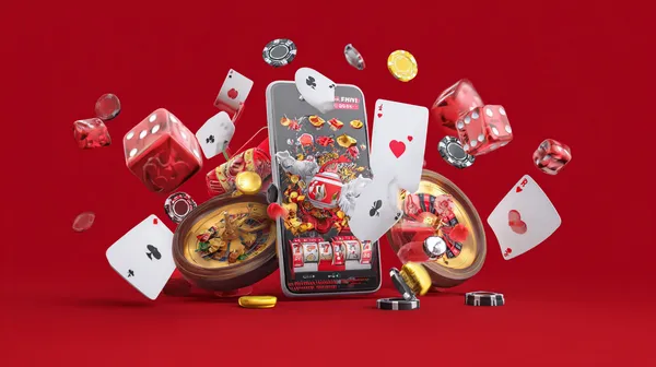 Uma mulher sorrindo enquanto joga online em seu laptop, cercada por elementos de cassino em néon, destacando a coleção diversificada de jogos do 83BET.