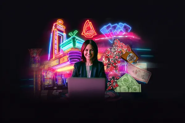 Uma mulher em um vestido verde luxuoso ao lado de uma roleta ornamentada, capturando o clima sofisticado do 83BET.